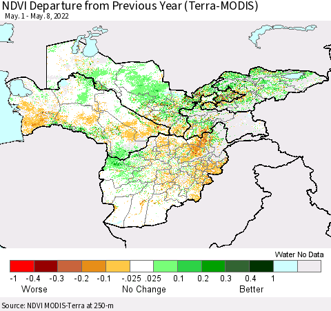 Central Asia NDVI Departure from Previous Year (Terra-MODIS) Thematic Map For 5/1/2022 - 5/8/2022