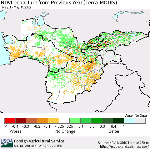 Central Asia NDVI Departure from Previous Year (Terra-MODIS) Thematic Map For 5/1/2022 - 5/10/2022