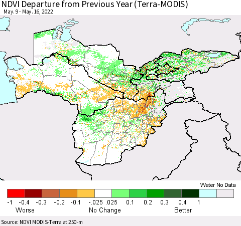Central Asia NDVI Departure from Previous Year (Terra-MODIS) Thematic Map For 5/9/2022 - 5/16/2022