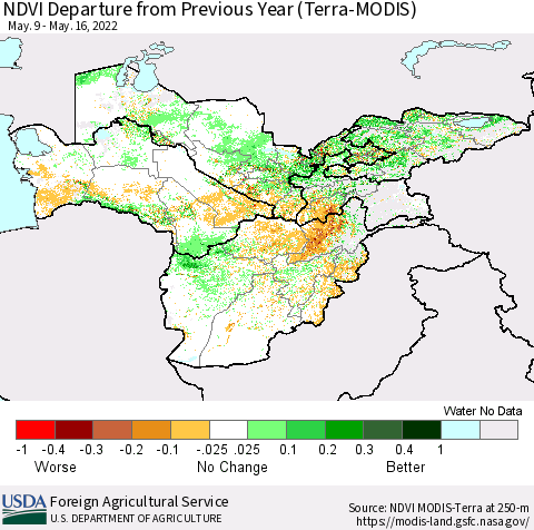 Central Asia NDVI Departure from Previous Year (Terra-MODIS) Thematic Map For 5/11/2022 - 5/20/2022