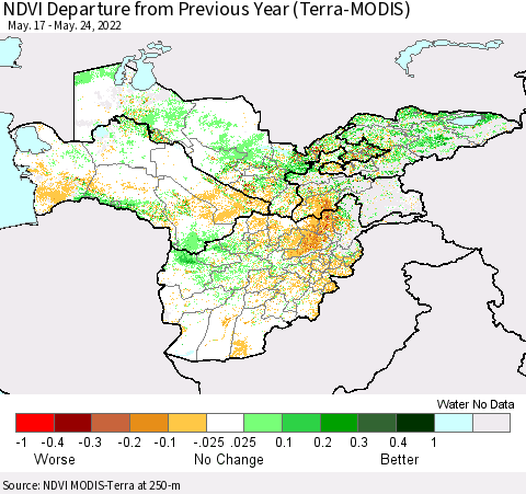 Central Asia NDVI Departure from Previous Year (Terra-MODIS) Thematic Map For 5/17/2022 - 5/24/2022