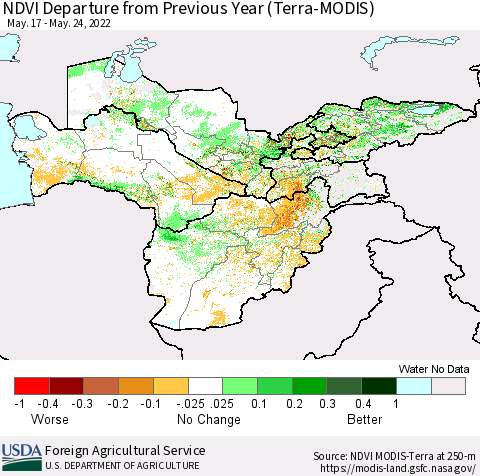 Central Asia NDVI Departure from Previous Year (Terra-MODIS) Thematic Map For 5/21/2022 - 5/31/2022