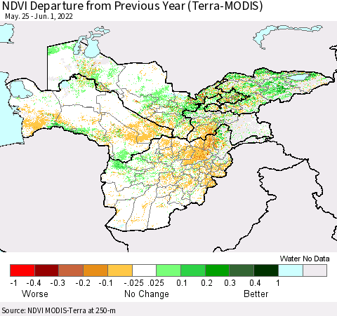 Central Asia NDVI Departure from Previous Year (Terra-MODIS) Thematic Map For 5/25/2022 - 6/1/2022