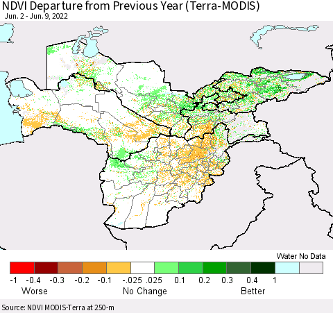 Central Asia NDVI Departure from Previous Year (Terra-MODIS) Thematic Map For 6/2/2022 - 6/9/2022