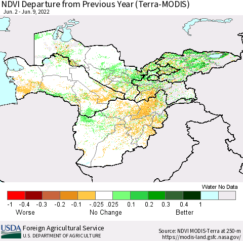 Central Asia NDVI Departure from Previous Year (Terra-MODIS) Thematic Map For 6/1/2022 - 6/10/2022
