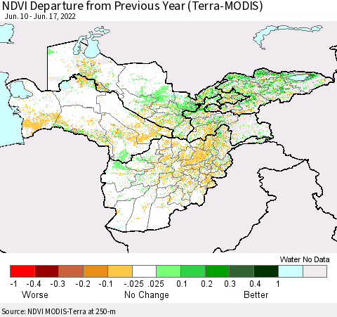 Central Asia NDVI Departure from Previous Year (Terra-MODIS) Thematic Map For 6/10/2022 - 6/17/2022