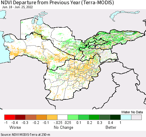 Central Asia NDVI Departure from Previous Year (Terra-MODIS) Thematic Map For 6/18/2022 - 6/25/2022