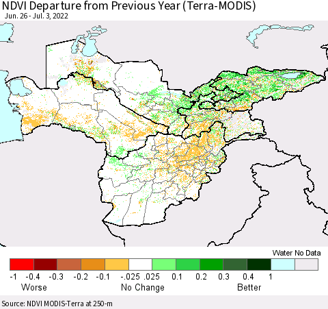 Central Asia NDVI Departure from Previous Year (Terra-MODIS) Thematic Map For 6/26/2022 - 7/3/2022