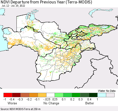 Central Asia NDVI Departure from Previous Year (Terra-MODIS) Thematic Map For 7/12/2022 - 7/19/2022
