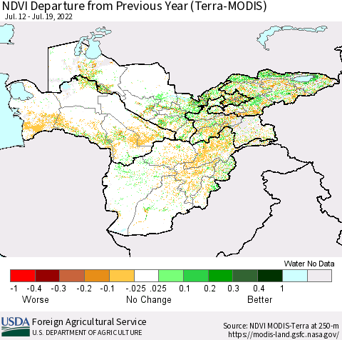 Central Asia NDVI Departure from Previous Year (Terra-MODIS) Thematic Map For 7/11/2022 - 7/20/2022