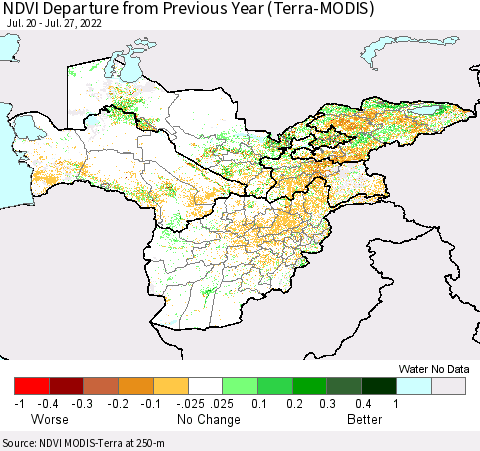 Central Asia NDVI Departure from Previous Year (Terra-MODIS) Thematic Map For 7/20/2022 - 7/27/2022