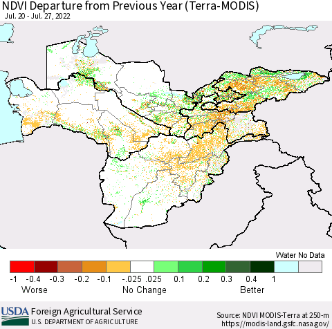 Central Asia NDVI Departure from Previous Year (Terra-MODIS) Thematic Map For 7/21/2022 - 7/31/2022