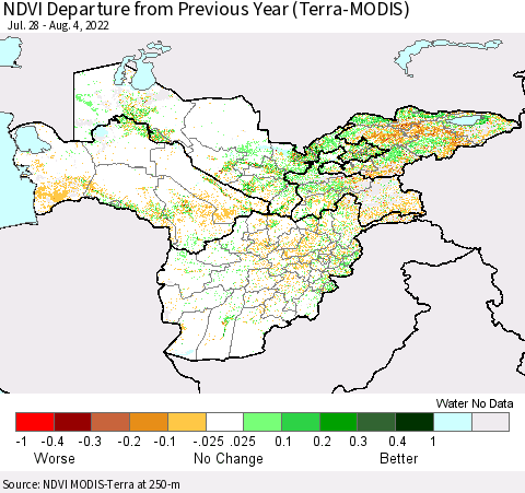 Central Asia NDVI Departure from Previous Year (Terra-MODIS) Thematic Map For 7/28/2022 - 8/4/2022