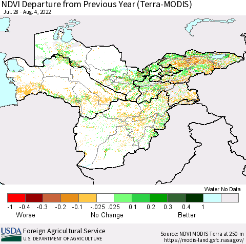Central Asia NDVI Departure from Previous Year (Terra-MODIS) Thematic Map For 8/1/2022 - 8/10/2022