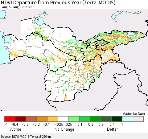 Central Asia NDVI Departure from Previous Year (Terra-MODIS) Thematic Map For 8/5/2022 - 8/12/2022