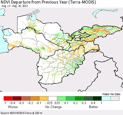 Central Asia NDVI Departure from Previous Year (Terra-MODIS) Thematic Map For 8/11/2022 - 8/20/2022