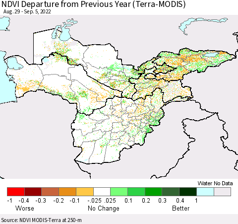 Central Asia NDVI Departure from Previous Year (Terra-MODIS) Thematic Map For 8/29/2022 - 9/5/2022
