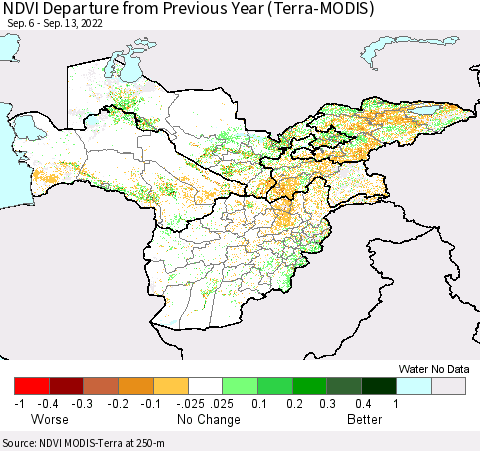 Central Asia NDVI Departure from Previous Year (Terra-MODIS) Thematic Map For 9/6/2022 - 9/13/2022