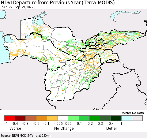 Central Asia NDVI Departure from Previous Year (Terra-MODIS) Thematic Map For 9/22/2022 - 9/29/2022