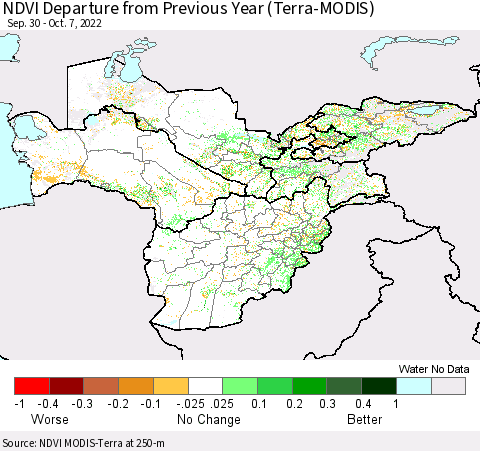 Central Asia NDVI Departure from Previous Year (Terra-MODIS) Thematic Map For 9/30/2022 - 10/7/2022