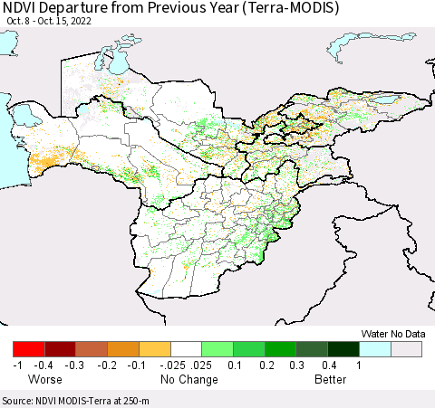 Central Asia NDVI Departure from Previous Year (Terra-MODIS) Thematic Map For 10/8/2022 - 10/15/2022
