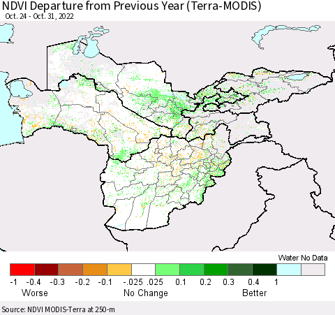Central Asia NDVI Departure from Previous Year (Terra-MODIS) Thematic Map For 10/24/2022 - 10/31/2022