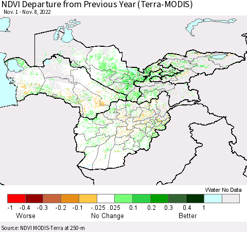 Central Asia NDVI Departure from Previous Year (Terra-MODIS) Thematic Map For 11/1/2022 - 11/8/2022