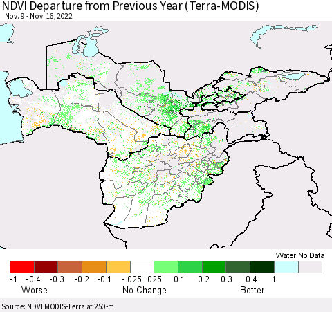 Central Asia NDVI Departure from Previous Year (Terra-MODIS) Thematic Map For 11/9/2022 - 11/16/2022