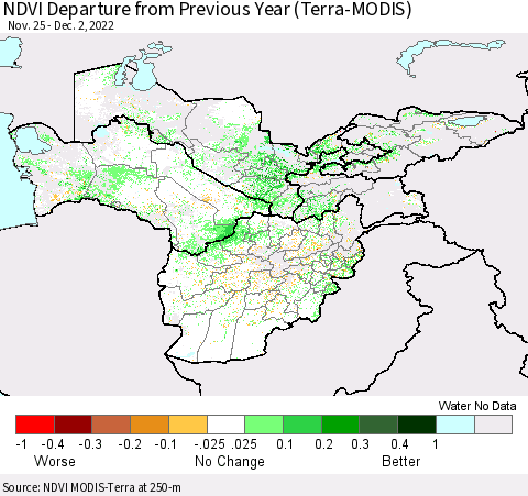 Central Asia NDVI Departure from Previous Year (Terra-MODIS) Thematic Map For 11/25/2022 - 12/2/2022