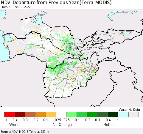 Central Asia NDVI Departure from Previous Year (Terra-MODIS) Thematic Map For 12/3/2022 - 12/10/2022