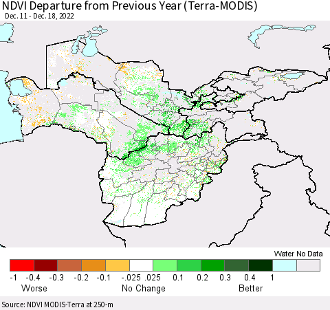 Central Asia NDVI Departure from Previous Year (Terra-MODIS) Thematic Map For 12/11/2022 - 12/18/2022