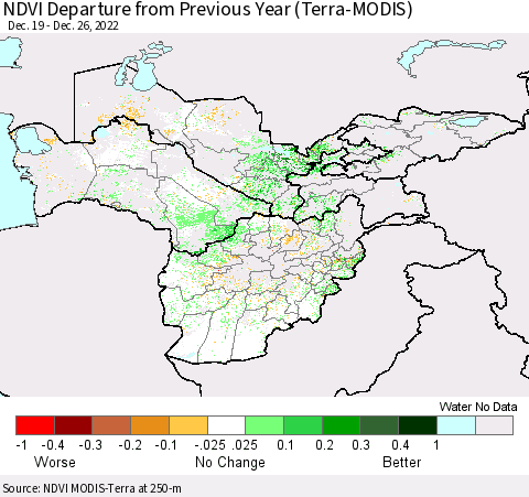 Central Asia NDVI Departure from Previous Year (Terra-MODIS) Thematic Map For 12/19/2022 - 12/26/2022