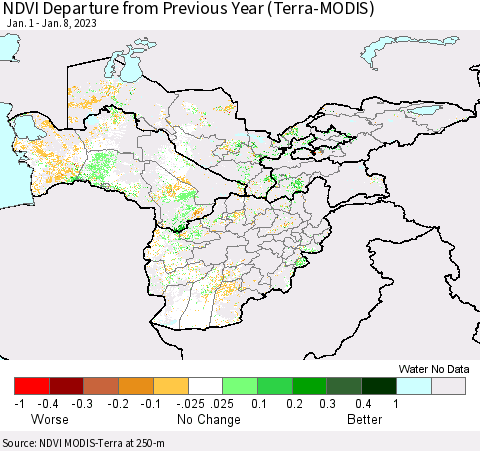 Central Asia NDVI Departure from Previous Year (Terra-MODIS) Thematic Map For 1/1/2023 - 1/8/2023