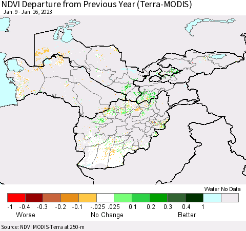 Central Asia NDVI Departure from Previous Year (Terra-MODIS) Thematic Map For 1/9/2023 - 1/16/2023