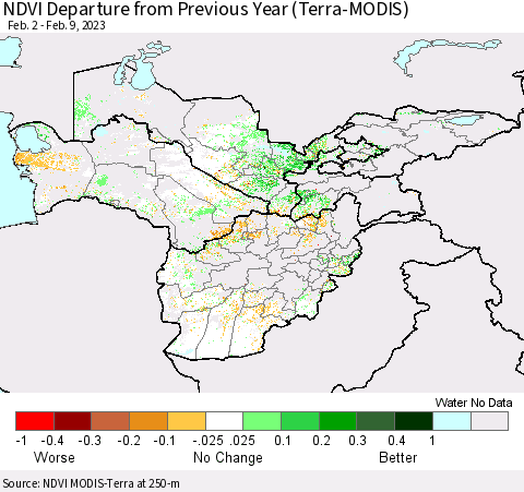 Central Asia NDVI Departure from Previous Year (Terra-MODIS) Thematic Map For 2/2/2023 - 2/9/2023