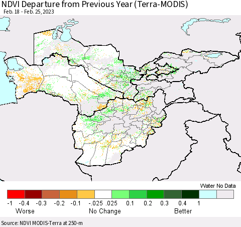 Central Asia NDVI Departure from Previous Year (Terra-MODIS) Thematic Map For 2/18/2023 - 2/25/2023