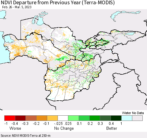 Central Asia NDVI Departure from Previous Year (Terra-MODIS) Thematic Map For 2/26/2023 - 3/5/2023