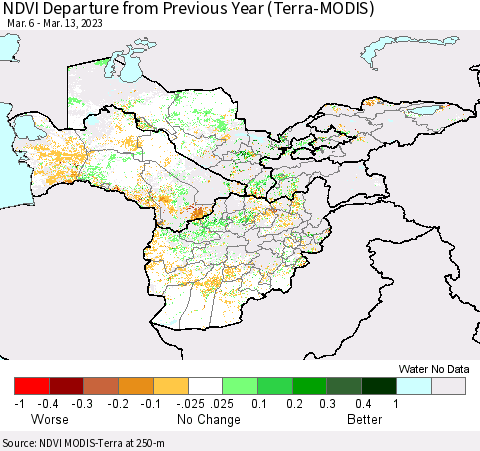 Central Asia NDVI Departure from Previous Year (Terra-MODIS) Thematic Map For 3/6/2023 - 3/13/2023