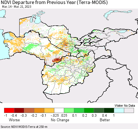 Central Asia NDVI Departure from Previous Year (Terra-MODIS) Thematic Map For 3/14/2023 - 3/21/2023