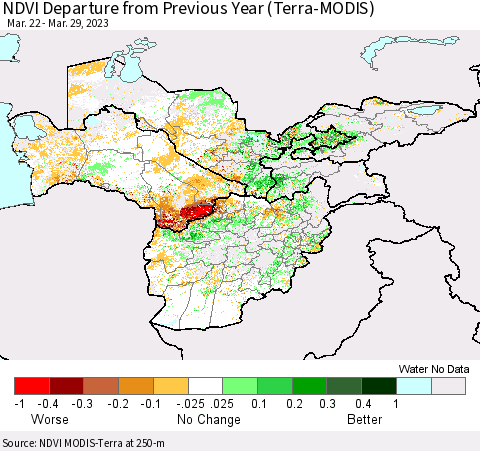 Central Asia NDVI Departure from Previous Year (Terra-MODIS) Thematic Map For 3/22/2023 - 3/29/2023