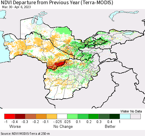 Central Asia NDVI Departure from Previous Year (Terra-MODIS) Thematic Map For 3/30/2023 - 4/6/2023