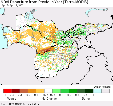 Central Asia NDVI Departure from Previous Year (Terra-MODIS) Thematic Map For 4/7/2023 - 4/14/2023