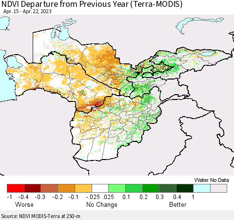 Central Asia NDVI Departure from Previous Year (Terra-MODIS) Thematic Map For 4/15/2023 - 4/22/2023