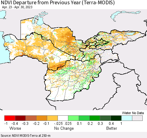 Central Asia NDVI Departure from Previous Year (Terra-MODIS) Thematic Map For 4/23/2023 - 4/30/2023