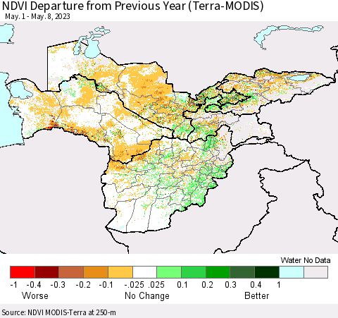 Central Asia NDVI Departure from Previous Year (Terra-MODIS) Thematic Map For 5/1/2023 - 5/8/2023