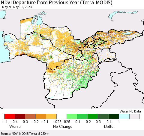 Central Asia NDVI Departure from Previous Year (Terra-MODIS) Thematic Map For 5/9/2023 - 5/16/2023