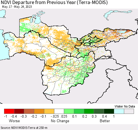 Central Asia NDVI Departure from Previous Year (Terra-MODIS) Thematic Map For 5/17/2023 - 5/24/2023