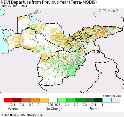 Central Asia NDVI Departure from Previous Year (Terra-MODIS) Thematic Map For 5/25/2023 - 6/1/2023