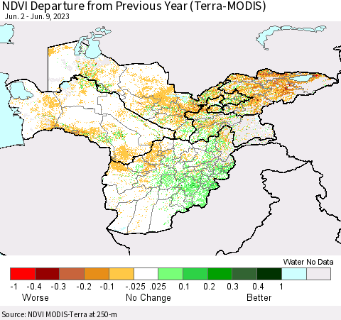 Central Asia NDVI Departure from Previous Year (Terra-MODIS) Thematic Map For 6/2/2023 - 6/9/2023