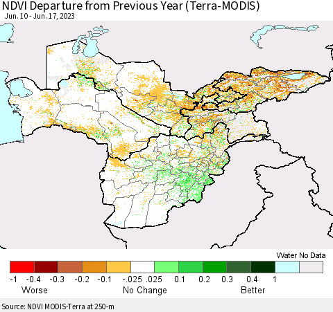 Central Asia NDVI Departure from Previous Year (Terra-MODIS) Thematic Map For 6/10/2023 - 6/17/2023